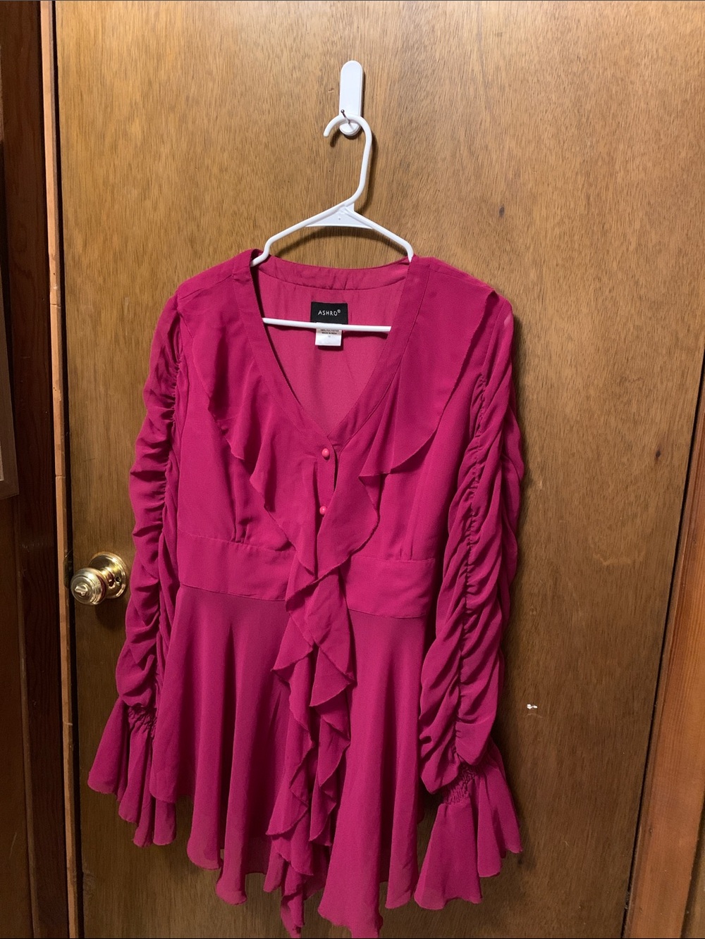 ASHRO burgundy Ruffle V-Neck Women's Blouse